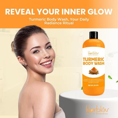 Turmeric Body Wash – Skin Brightening Turmeric Liquid Soap for Discoloration – Natural anti Aging Exfoliating Turmeric Body Wash for Spots, Acne, Sun Damage – Turmeric Soap Skincare