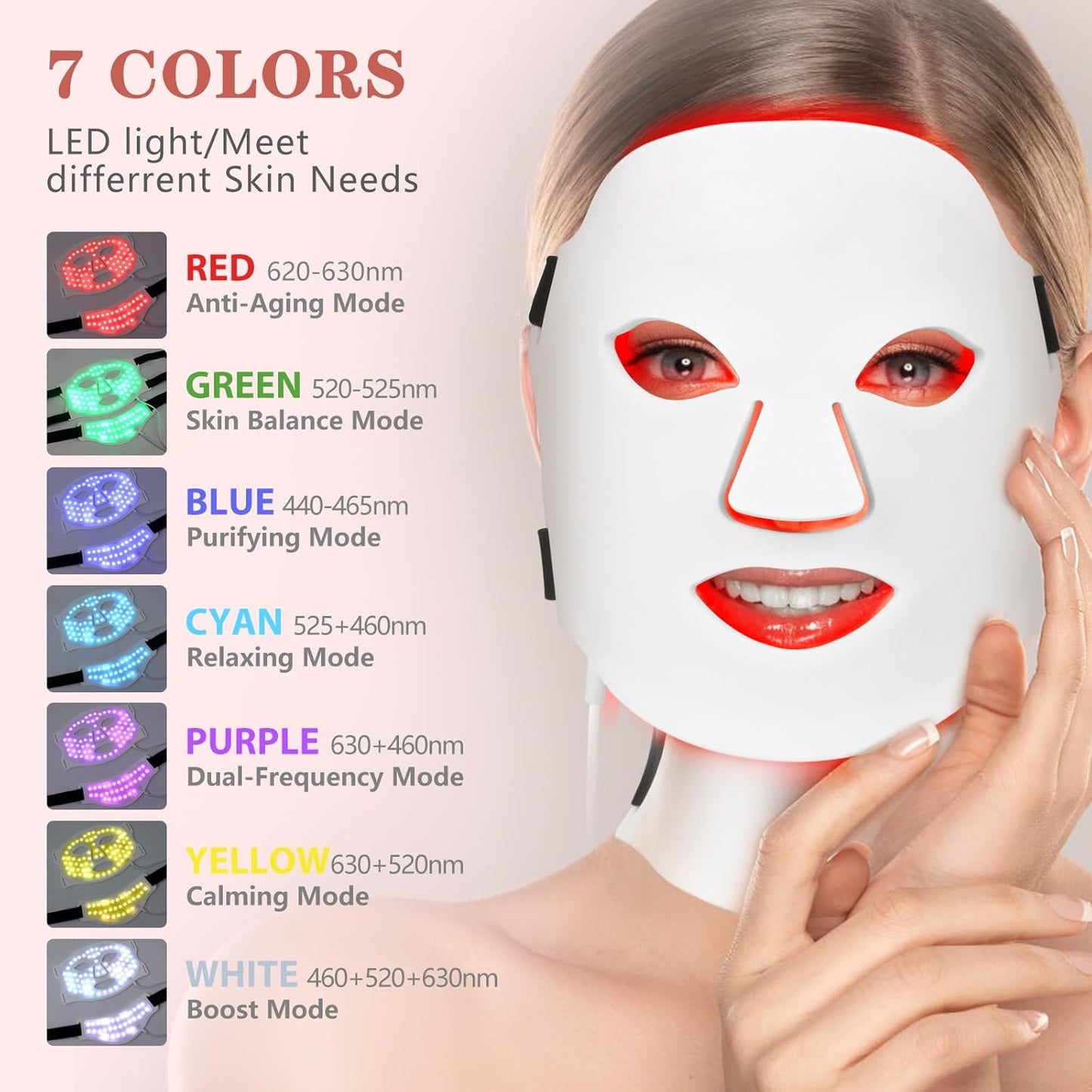 7 Colors Led Face Mask Light Therapy,Red Light Therapy for Face,Red Light Therapy for Face and Neck,Led Mask Light Therapy at Home,Portable,Led Face Mask Can Be Used at Home and Travel,White