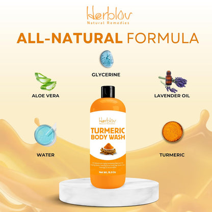 Turmeric Body Wash – Skin Brightening Turmeric Liquid Soap for Discoloration – Natural anti Aging Exfoliating Turmeric Body Wash for Spots, Acne, Sun Damage – Turmeric Soap Skincare