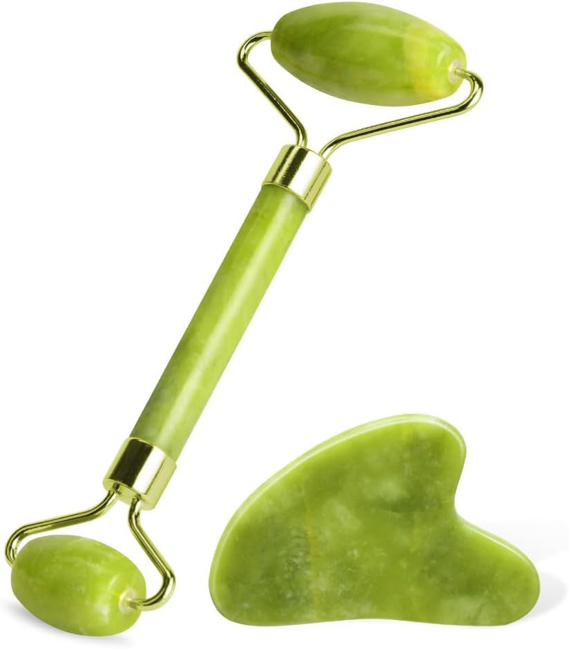 Gua Sha Facial Tools & Jade Roller Set for Face Guasha Tool for Face Ice Roller for Skin Care Gua Sha Stone Board Set for Reduce Puffiness and Improve Wrinkles Self Care Gifts(Green)