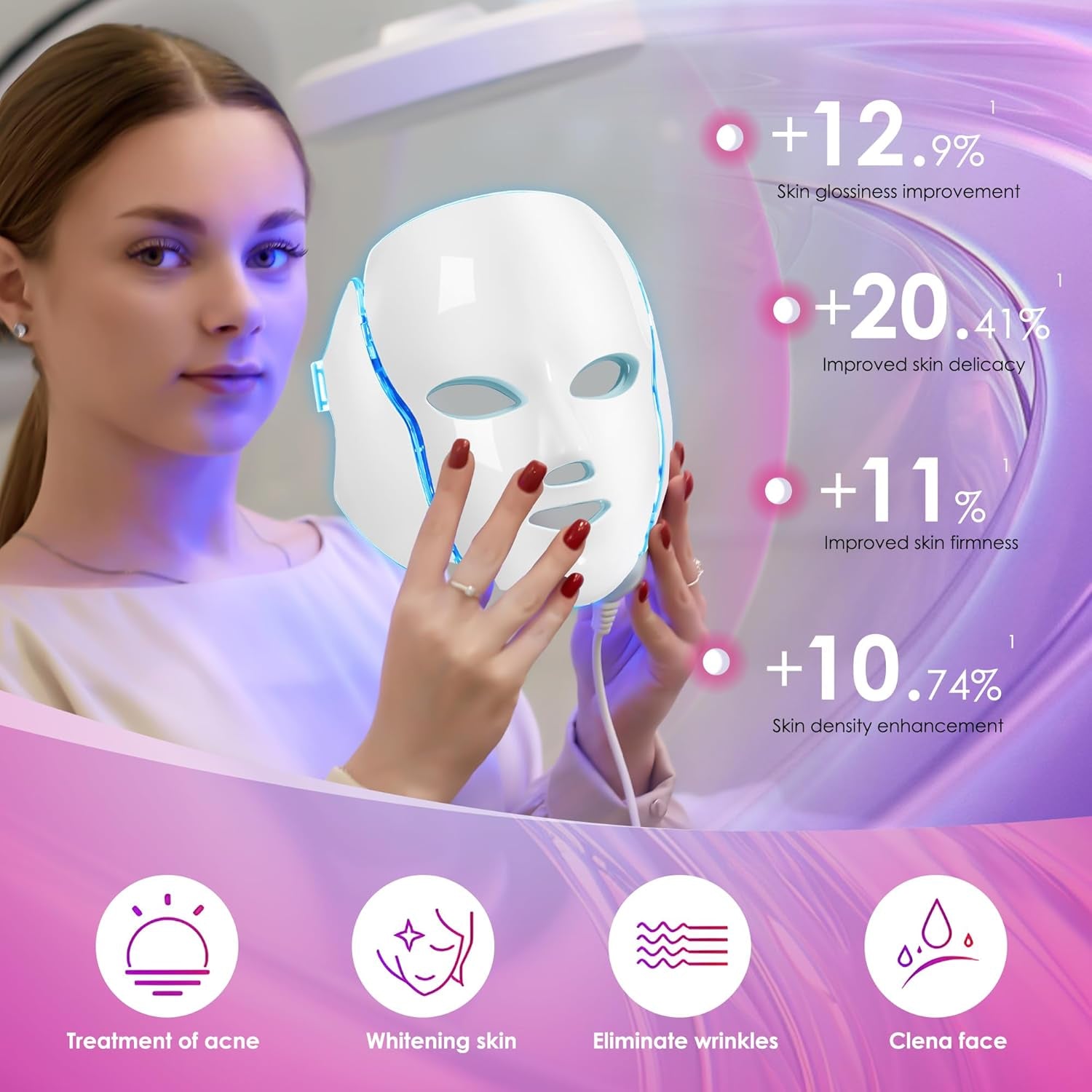 Red-Light-Therapy-For-Face, Led Face Mask Light Therapy, 7-1 Colors LED Facial Skin Care Mask (White)