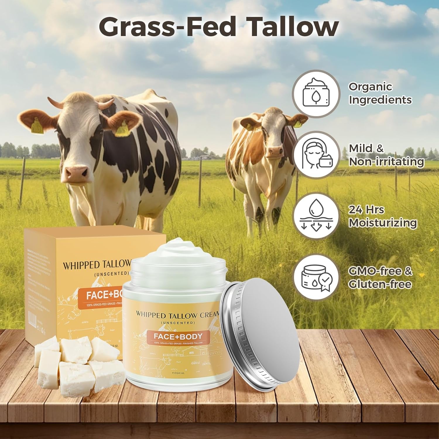 Beef Tallow for Skin, Premium Whipped Tallow Balm, Beef Tallow Moisturizer for Repairing Damaged Dry Skin, Grass Fed Beef Tallow for Skin Hydration, 4 Oz (BERGAMOT LAVENDER)