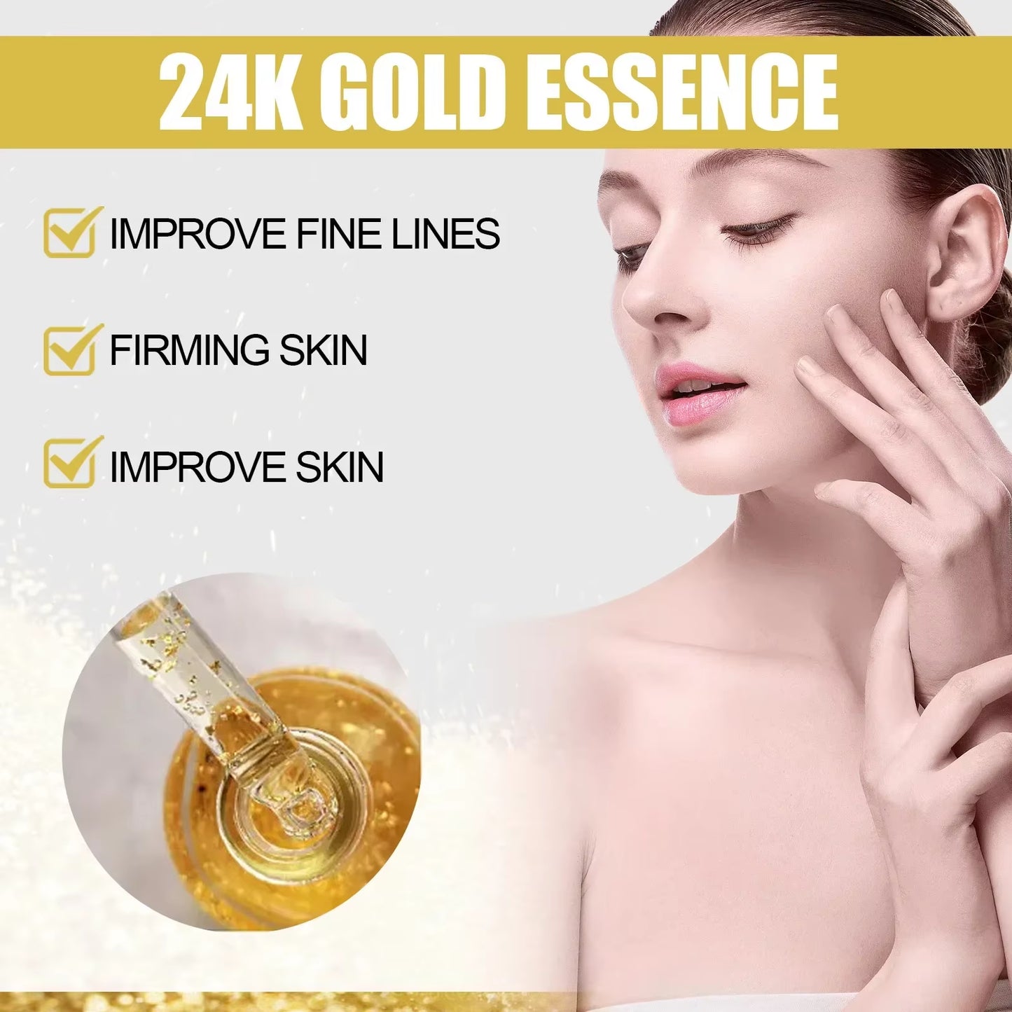 24K Gold Face Serum Hyaluronic Acid Moisturizing Whitening Fade Fine Lines Shrinks Pores Anti-Aging Brighten Essence Skin Care