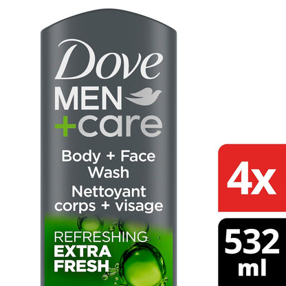 Dove Men+Care Body Wash Extra Fresh 4 Count for Men'S Skin Care Body Wash Effectively Washes Away Bacteria While Nourishing Your Skin 18 Oz