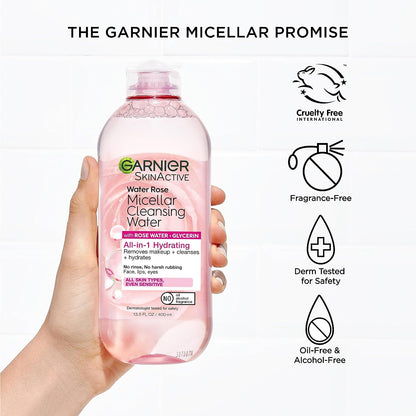 Micellar Water with Rose Water and Glycerin, Hydrating Facial Cleanser & Makeup Remover, for All Skin Types, Vegan, Cruelty Free, 13.5 Fl Oz (400Ml), 1 Count