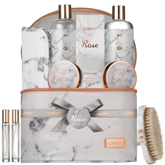 Christmas Gifts for Mom, Daughter Self Care Gifts for Women, Luxe 16Pc Rose Bath and Body Home Spa Set, Relaxation Bath Gift Basket for Birthday Pampering with Perfumes, Acne Kit, Lotions & More